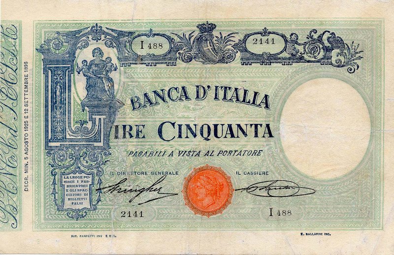 CARTAMONETA - BANCA d'ITALIA - Vittorio Emanuele III (1900-1943) - 50 Lire - Bar...