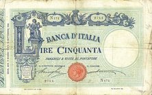 CARTAMONETA - BANCA d'ITALIA - Vittorio Emanuele III (1900-1943) - 50 Lire - Barbetti con matrice 09/06/1910 Alfa 121; Lireuro 3/9 RR Stringher/Accame...
