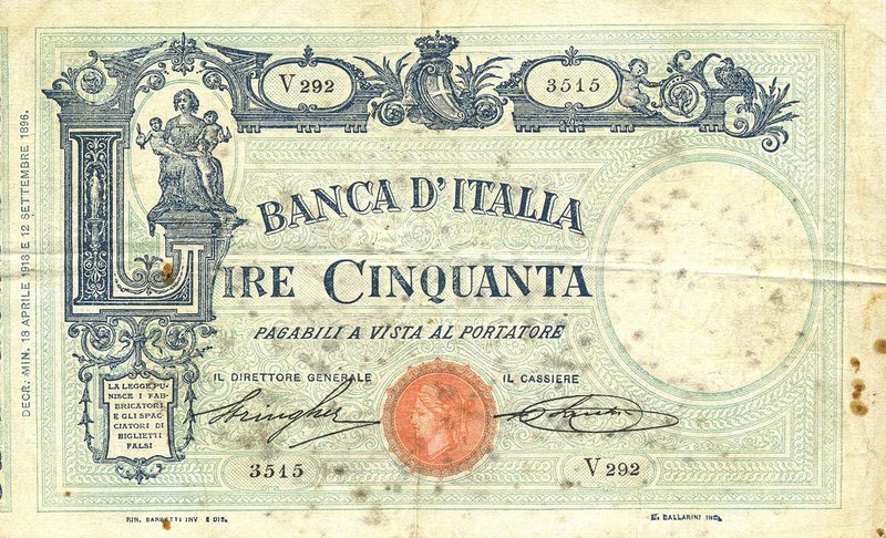CARTAMONETA - BANCA d'ITALIA - Vittorio Emanuele III (1900-1943) - 50 Lire - Bar...
