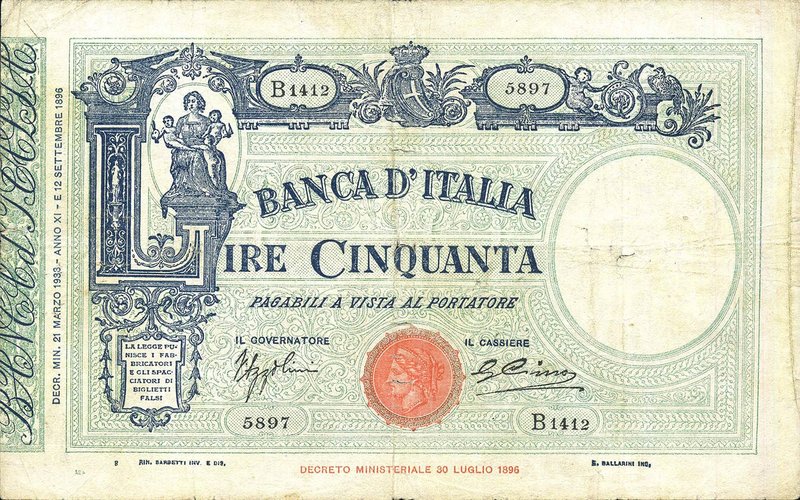 CARTAMONETA - BANCA d'ITALIA - Vittorio Emanuele III (1900-1943) - 50 Lire - Fas...