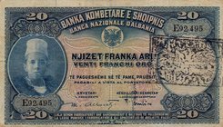 CARTAMONETA - COLONIE ED OCCUPAZIONI DI TERRITORI ITALIANI - Banca dello Stato d'Albania - Emissione provvisoria (1945) - 20 Franchi Oro 1945 Gav. 112...