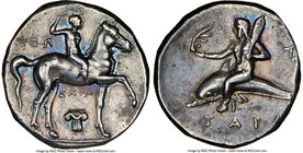 CALABRIA. Tarentum. Ca. 281-240 BC. AR stater or didrachm (20mm, 6.51 gm, 11h). NGC XF 4/5 - 4/5. Ialo-, Ie- and An, magistrates. Nude youth on horseb...