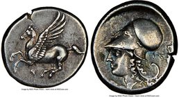 CORINTHIA. Corinth. Ca. early-mid 4th century BC. AR stater (21mm, 8.51 gm, 9h). NGC XF 5/5 - 4/5. Pegasus with pointed wing flying left, Ϙ below / He...