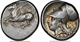 CORINTHIA. Corinth. Ca. 4th century BC. AR stater (21mm, 8.59 gm, 1h). NGC XF 4/5 - 5/5. Ca. 345-307 BC. Pegasus flying left, with pointed wing; Ϙ bel...