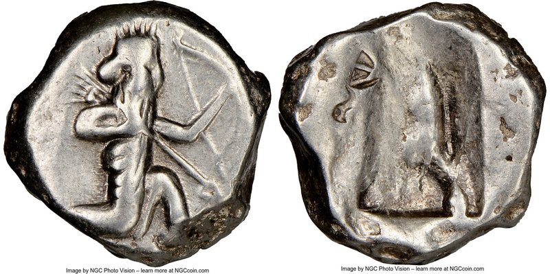ACHAEMENID PERSIA. Ca. 5th century BC. AR siglos (16mm). NGC VF countermarks. Sa...