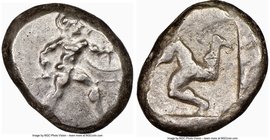 PAMPHYLIA. Aspendus. Ca. mid-5th century BC. AR stater (21mm, 6h). NGC VF. Helmeted nude hoplite warrior advancing right, shield in left hand, spear f...