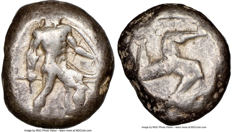 PAMPHYLIA. Aspendus. Ca. mid-5th century BC. AR stater (18mm). NGC Fine. Helmete...