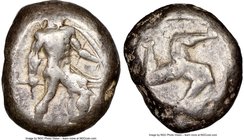 PAMPHYLIA. Aspendus. Ca. mid-5th century BC. AR stater (18mm). NGC Fine. Helmeted nude hoplite warrior advancing right, shield in left hand, spear for...