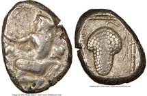 CILICIA. Soloi. Ca. 440-400 BC. AR stater (21mm, 2h). NGC Choice Fine. Amazon, nude to waist, on one knee left, wearing pointed cap, bowcase attached ...
