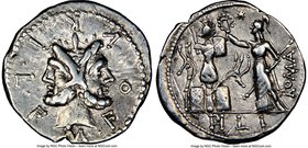 M. Furius L.f. Philus (ca. 119 BC). AR denarius (20mm, 7h). NGC Choice VF. Rome. M•FOVRI•L•F, laureate head of Janus / PHLI (PH ligate) in exergue, Ro...