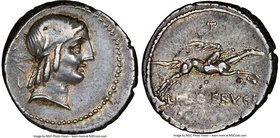 L. Calpurnius Piso Frugi (ca. 90 BC). AR denarius (19mm, 3.76 gm, 6h). NGC XF 3/5 - 4/5. Rome. Laureate head of Apollo right / L PISO FRVGI, horseman ...