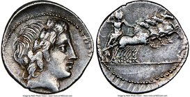 Anonymous (ca. 86 BC). AR denarius (20mm, 6h). NGC XF. Rome. Laureate head of Apollo right; thunderbolt below (off flan), dotted border / Jupiter driv...
