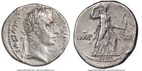 Augustus (27 BC-AD 14). AR denarius (18mm, 8h). NGC Choice Fine. Lugdunum, ca. AD 11-10. AVGVSTVS-DIVI F, bare head of Augustus right; dotted border /...