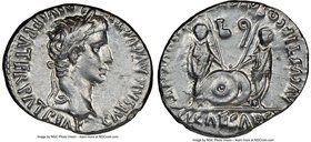 Augustus (27 BC-AD 14). AR denarius (20mm, 3.94 gm, 1h). NGC AU 4/5 - 4/5. Lugdunum, 2 BC-AD 4. CAESAR AVGVSTVS-DIVI F PATER PATRIAE, laureate head of...