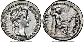 Tiberius (AD 14-37). AR denarius (18mm, 11h). NGC XF, brushed. Lugdunum. TI CAESAR DIVI-AVG F AVGVSTVS, laureate head of Tiberius right / PONTIF-MAXIM...