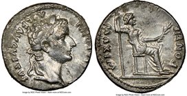 Tiberius (AD 14-37). AR denarius (18mm, 10h). NGC Choice VF. Lugdunum. TI CAESAR DIVI-AVG F AVGVSTVS, laureate head of Tiberius right / PONTIF-MAXIM, ...