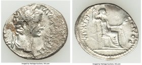Tiberius (AD 14-37). AR denarius (20mm, 3.60 gm, 12h). VF, porosity. Lugdunum. TI CAESAR DIVI-AVG F AVGVSTVS, laureate head of Tiberius right / PONTIF...