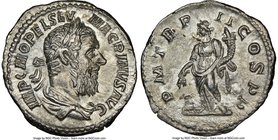 Macrinus (AD 217-218). AR denarius (19mm, 2.93 gm, 11h). NGC Choice AU 5/5 - 2/5. Rome, December AD 217. IMP C M OPEL SEV-MACRINVS AVG, laureate, drap...