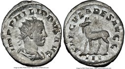 Philip II, as Augustus (AD 247-249). AR antoninianus (23mm, 2.11 gm, 7h). NGC AU 4/5 - 3/5. Rome, 3rd officina, Millennium Issue, AD 248. IMP PHILIPPV...