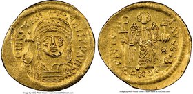 Justinian I the Great (AD 527-565). AV solidus (21mm, 4.46 gm, 7h). NGC Choice AU 4/5 - 3/5, light scuffs. Constantinople, 2nd officina. D N IVSTINI-A...
