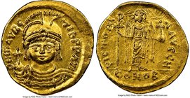 Maurice Tiberius (AD 582-602). AV solidus (21mm, 4.48 gm, 7h). NGC Choice AU 5/5 - 4/5. Constantinople, 8th officina. o N mAVRC-TIb PP AVG, draped and...