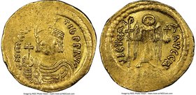 Maurice Tiberius (AD 582-602). AV solidus (21mm, 4.37 gm, 7h). NGC XF 2/5 - 2/5, bent, edge marks. Constantinople, 7th officina. o N mAVRC-TIb PP AVG,...