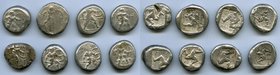 ANCIENT LOTS. Greek. Pamphylia. Aspendus. Ca. mid-5th century BC. Lot of eight (8) AR staters. VG-Fine, test cut. Includes: Hoplite and triskeles. Eig...