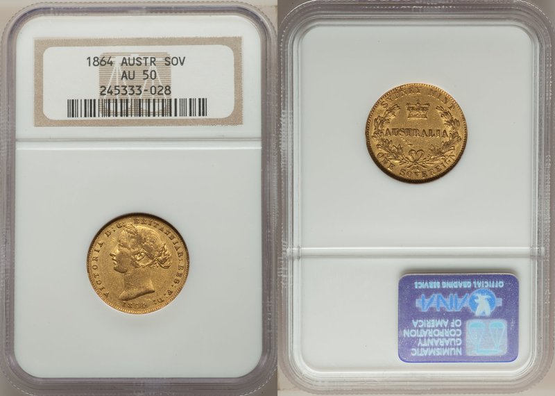 Victoria gold Sovereign 1864-SYNDEY AU50 NGC, Sydney mint, KM4. AGW 0.2353 oz.

...