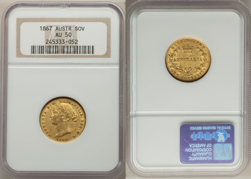 Victoria gold Sovereign 1867-SYDNEY AU50 NGC, Sydney mint, KM4, Fr-10. AGW 0.235...