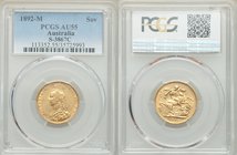 Victoria gold Sovereign 1892-M AU55 PCGS, Melbourne mint, KM10, S-3867C. AGW 0.2355 oz. 

HID09801242017