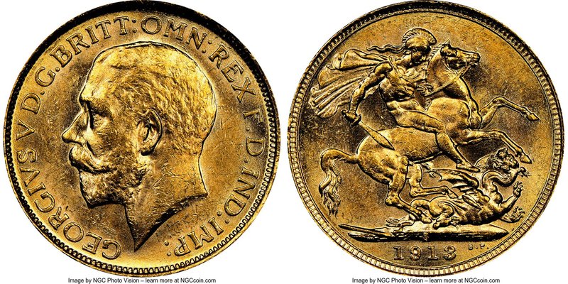 George V gold Sovereign 1913-S MS62 NGC, Sydney mint, KM29. AGW 0.2355 oz. 

HID...