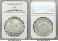 Charles IV 8 Reales 1800 PTS-PP MS61 NGC, Potosi mint, KM73. Mostly white with trace of taupe-gray toning, lustrous and well struck. 

HID09801242017
