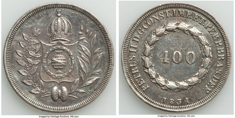 Pedro II 400 Reis 1834 AU, KM453. 27.6mm. 8.94gm. Lavender gray and argent tonin...