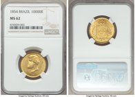 Pedro II gold 10000 Reis 1854 MS62 NGC, KM467. Fully lustrous and choice. 

HID09801242017
