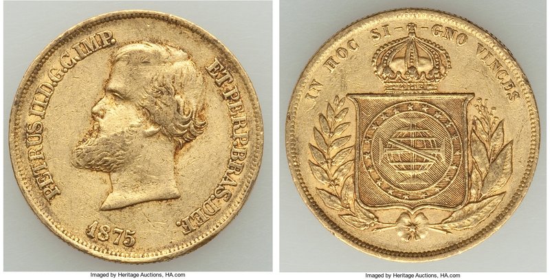 Pedro II gold 10000 Reis 1875 XF, Rio de Janeiro mint, KM467. 22.8mm. 8.90gm. AG...