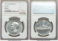 George VI "Blunt 7" Dollar 1947 MS60 NGC, Royal Canadian mint, KM37. Blunt 7 variety. White untoned with semi prooflike surfaces. 

HID09801242017