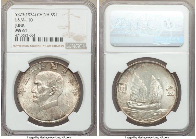 Republic Sun Yat-sen "Junk" Dollar Year 23 (1934) MS61 NGC, KM-Y345, L&M-110. Ru...