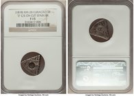 Dutch Colony Counterstamped 3 Reaal 1818 F15 NGC, KM28.1. "3" counterstamp on cut Spanish 8 Reales.

HID09801242017