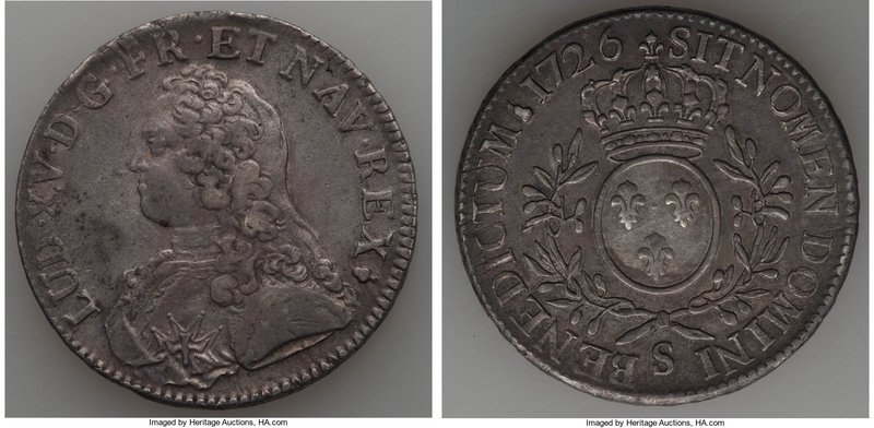 Louis XV Ecu 1726-S VF, Reims mint, KM486.19, Dav-1330. 41mm. 29.32gm. Pleasing ...