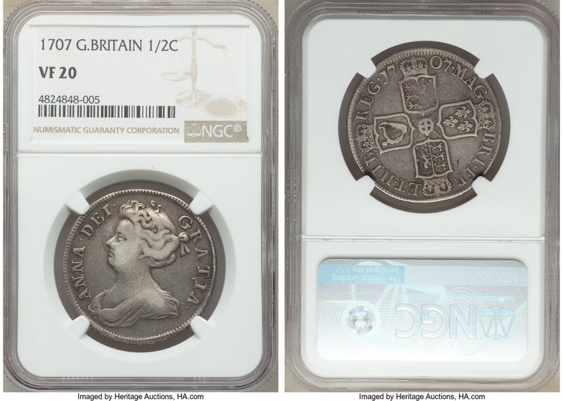 Anne 1/2 Crown 1707 VF20 NGC, KM525.1, S-3604. SEPTIMO edge, post Union with Sco...