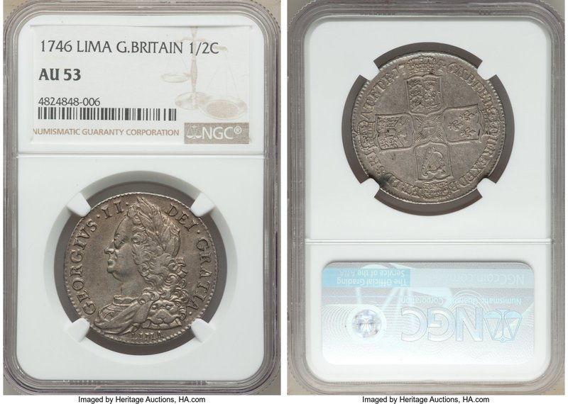 George II 1/2 Crown 1746-LIMA AU53 NGC, Lima mint, KM584.3. Struck with Spanish ...