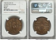 Republic 3-Piece Lot of Certified "Althing Millennium" Issues NGC, 1) 2 Kronur 1930 MS63, KM-X1. 2) 5 Kronur 1930 MS63, KM-X2. 3) 10 Kronur 1930 MS62,...