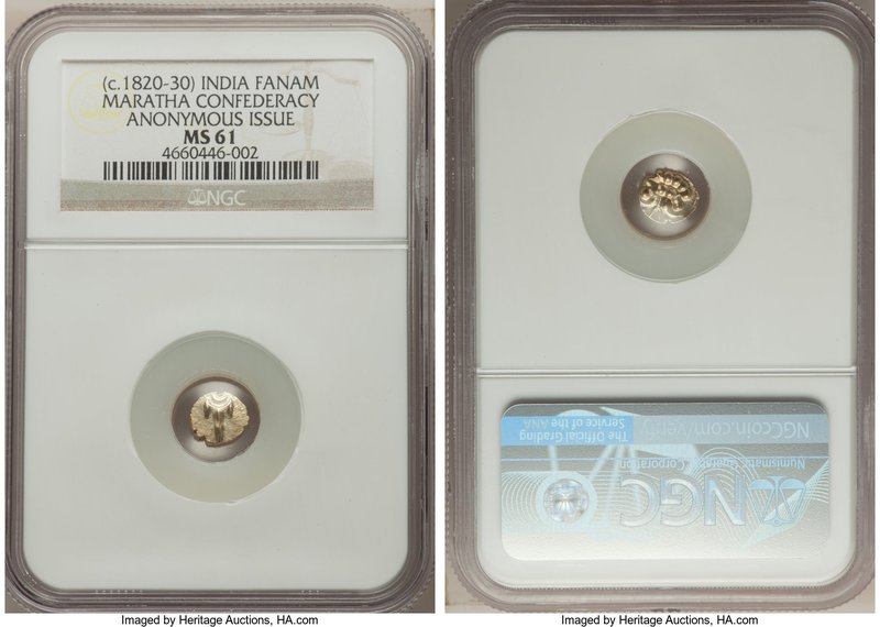 Maratha Confederacy gold Fanam ND (1820-1830) MS61 NGC, KM280.

HID09801242017