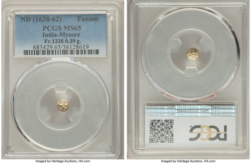 Mysore. Kanthirava gold Fanam ND (1638-1662) MS65 PCGS, KM-Unl., Fr-1338. 0.39gm...