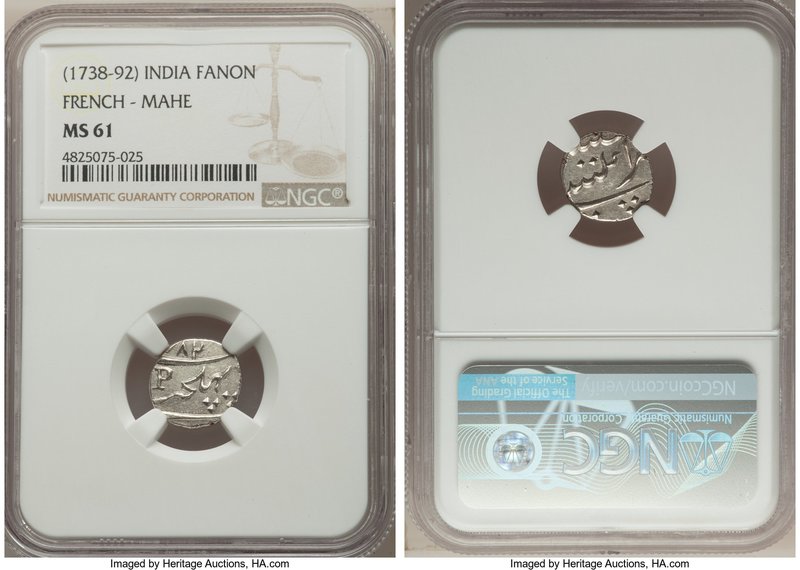 French India. Mahe Fanon (1/5 Rupee) ND (1738-92) MS61 NGC, Bhultcheri mint, KM6...