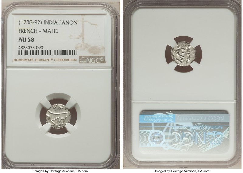 French India. Mahe Fanon (1/5 Rupee) ND (1738-92) AU58 NGC, Bhultcheri mint, KM6...