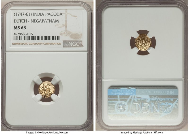 Dutch India gold Pagoda ND (1747-1781) MS63 NGC, Negapatnam mint, KM22, Fr-1508....