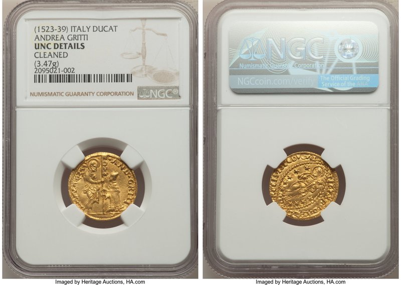 Venice. Andrea Gritti gold Ducat ND (1523-1539) UNC Details (Cleaned) NGC, Fr-12...