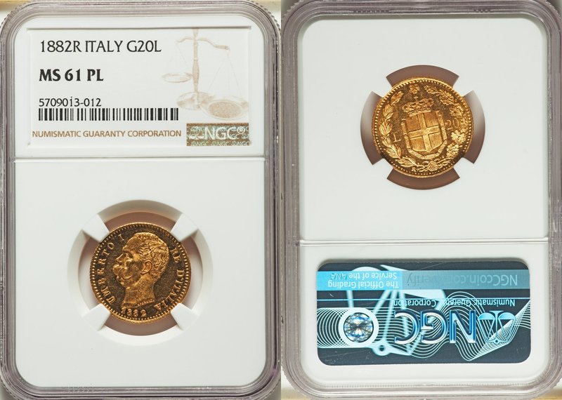 Umberto I gold 20 Lire 1882-R MS61 Prooflike NGC, Rome mint, KM21. Fully proofli...