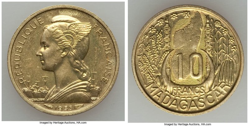 French Colony 3-Piece Uncertified Essai Set 1953 UNC, 1) 5 Francs, KM-E3 2) 10 F...